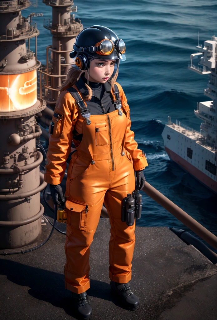“Character design, luminogram, sharp focus, colorful, clear, detailed, cinematic, detailed, glamorous, offshore world, petroleum, energy, photos on an oil rig, petroleum, inspirational glow, maritime, realism fantastic, offshore fire-resistant overalls, orange clothing, industrial helmet, industrial protective goggles, ear protectors, shell type. black woman, blue eyes, full body, bust, torso, hard gloves, unique clouses, dirty clouses”