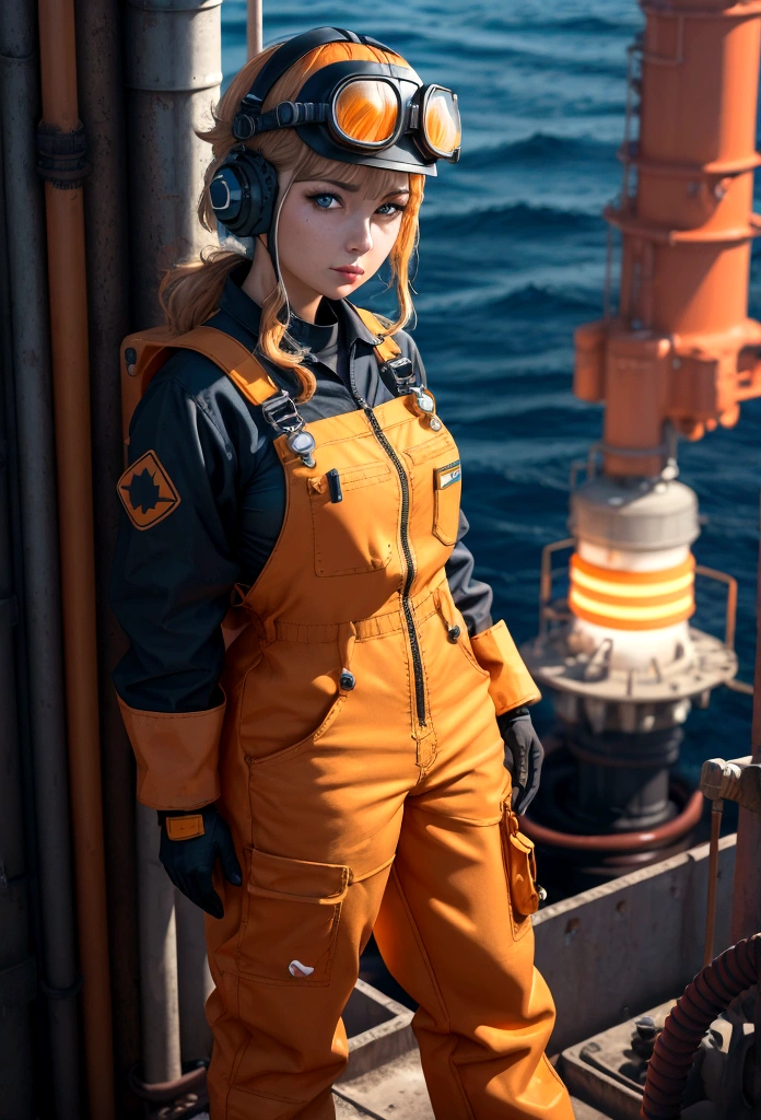 “Character design, luminogram, sharp focus, colorful, clear, detailed, cinematic, detailed, glamorous, offshore world, petroleum, energy, photos on an oil rig, petroleum, inspirational glow, maritime, realism fantastic, offshore fire-resistant overalls, orange clothing, industrial helmet, industrial protective goggles, ear protectors, shell type. black woman, blue eyes, full body, bust, torso, hard gloves, unique clouses, dirty clouses”