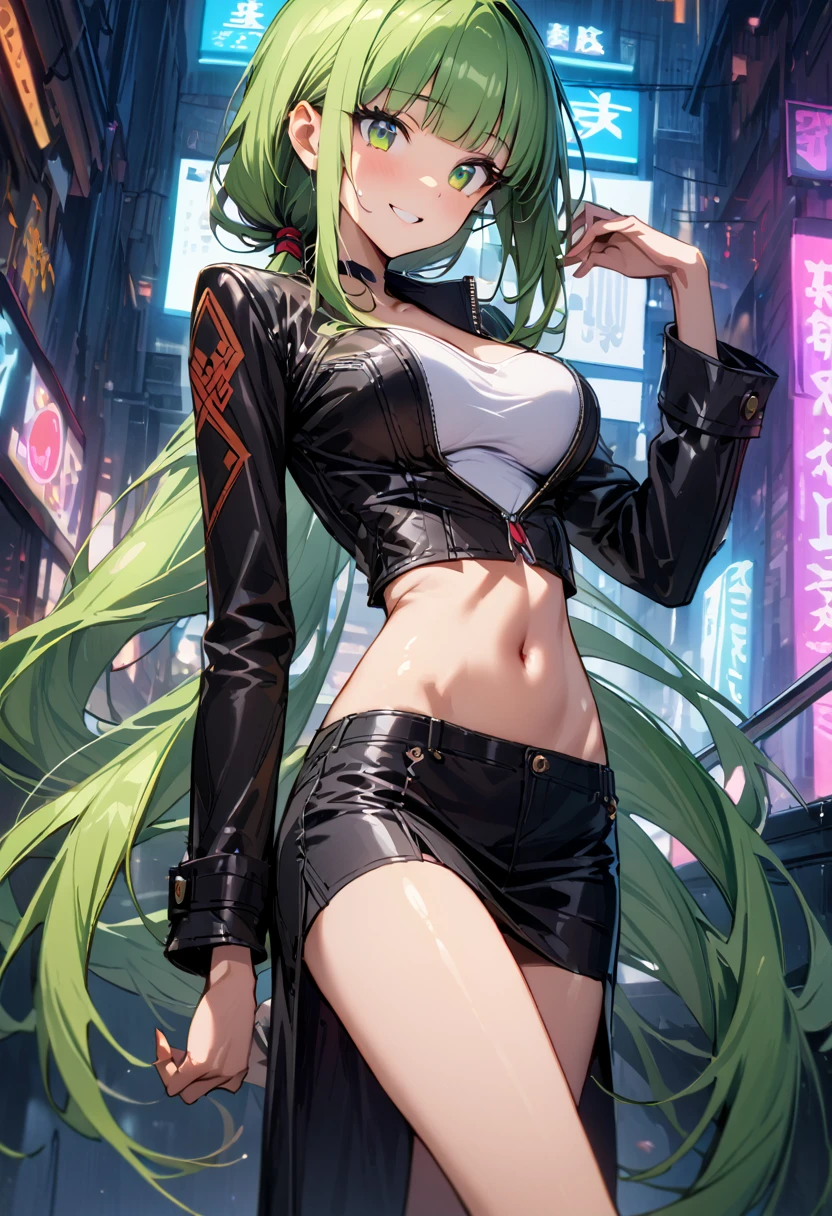 ((masterpiece,Highest quality:1.3)),cowboy shot,1woman,30 year old beauty,独奏,((very small head:1.3)),green hair,(low ponytail),long hair,blunt bangs,green eyes,gorgeous eyes,shy,smile,medium breasts,((very long body:1.2)),((toned body,slender body,skinny)),gleaming skin,shiny skin,(Wearing a black leather biker jacket)、navel、Tight Skirt)、barefoot、standing,Metropolis、neon、cyber punk、World of Blade Runner、