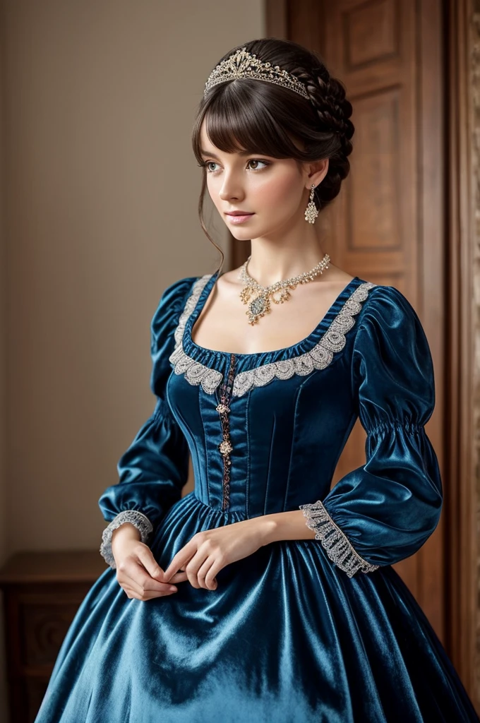 very beautiful, Slender woman, Russian, 25 years, long dress, high quality transparent fabrics, evening ball gown blue, closed sleeves, pleated, Flounced, puffs, velvet, embroidery, braid, artificial flowers, buttons, ruffles, apron-shaped folds, as well as various jewelry, a lot of fabric, Decoration Materials; Have bangs, Hair dark brown, pretty haircut; 19th century, "color photography"