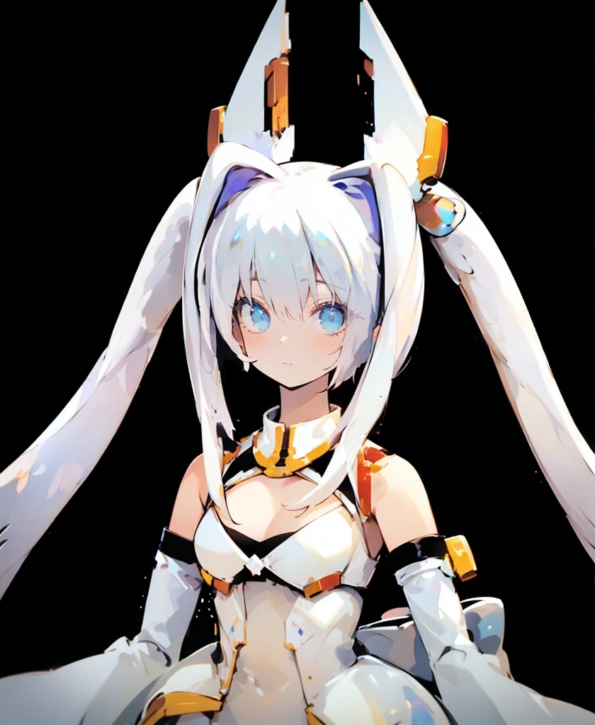 (((Masterpiece))), (((Beautiful Light))), Anime Girl, 1girl, Young, Short Height, Flat Chest, Solo, Wings, Long Hair, Dress, Blue Eyes, White Dress, Priestess Dress, Cape, White Hair, White Pantyhose, Feather Wings, Watching People, Very Long Hair, White Wings, Bangs, Gradient Hair