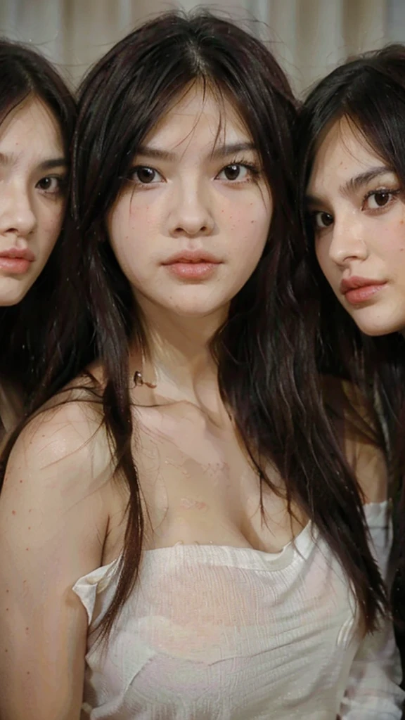 Mommy with 4 daughter,black hair, long hair, (hair over one eye:1.4), messy hair, hair between eyes, chubby cheek,Sexy lips, pucker lips