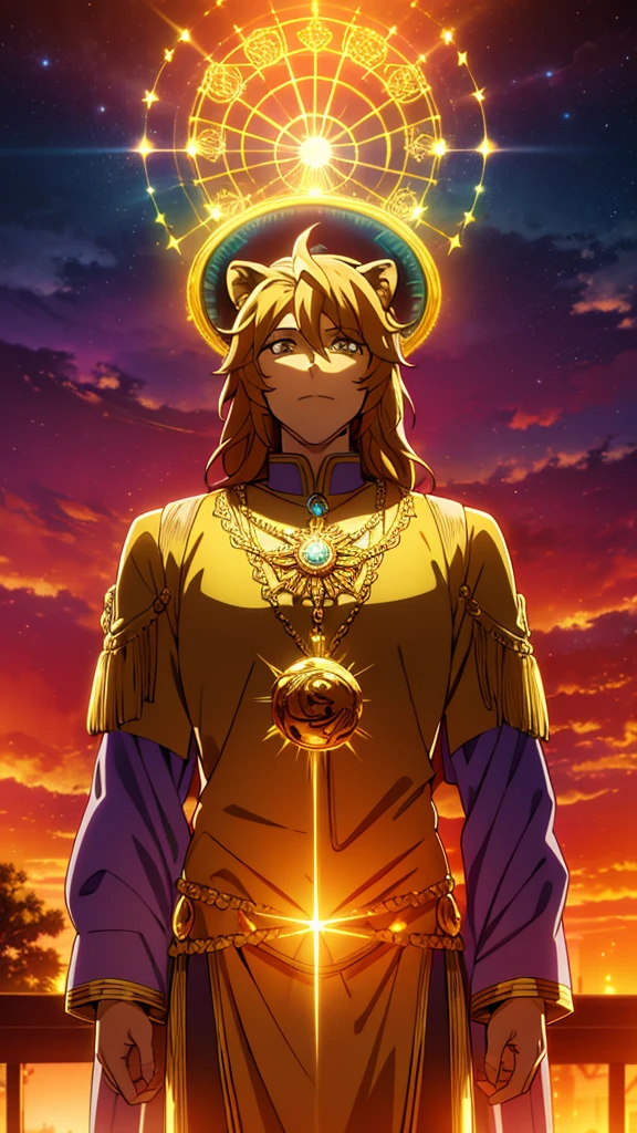 dreamy, colorful, whimsical, magical, masterpiece, best quality, sharp focus, intricately detailed environment, fine detail, 8k resolution, glowing lights,golden man statue with lion ears,sunset sky,park