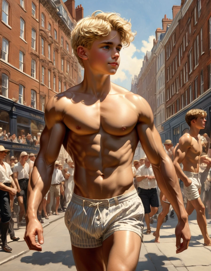 In the iconic art style of henry scott tuke, a hyperrealistic, meticulous illustration of a young, slim, and muscular blond boy with a strong display of leadership body language and perfectly detailed anatomy. He's illuminated by the warming sun, walking barefoot in the center of a victorian gay street in london with many victorian men looking at him. The blong boy , with strong muscular legs, a peaceful gaze, and a subtly hidden smile, hints at his athleticism, wearing a swimmer's