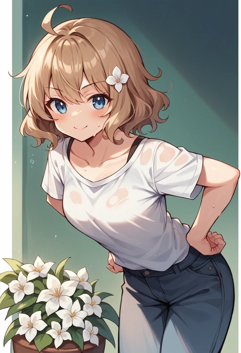 Sweaty Momoko, casual, Leaning forward, White flower, smile, short hair, , light Brown Hair, Brown Hair, clavicle, Wavy Hair, Holding, Mouth closed, blue eyes, blush, One girl, Hair Flowers, V-shaped eyebrows, hair ornaments, Ahoge, Are standing,, Eyebrows visible through hair,, Hands on hips, indoor