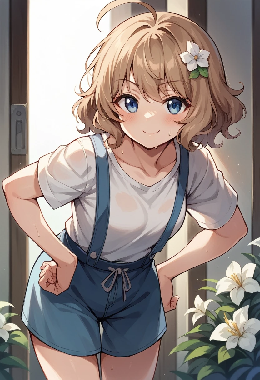 Sweaty Momoko, casual, Leaning forward, White flower, smile, short hair, , light Brown Hair, Brown Hair, clavicle, Wavy Hair, Holding, Mouth closed, blue eyes, blush, One girl, Hair Flowers, V-shaped eyebrows, hair ornaments, Ahoge, Are standing,, Eyebrows visible through hair,, Hands on hips, indoor