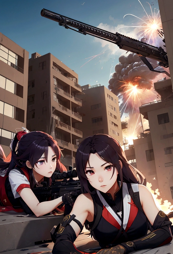 A female sniper ambushes the roof of a building，Aiming at the enemy，The background contains an explosion.，hyper detailed photography，Mattire，golden ratio,Chinese woman、youth、white vest、short purple skirt、open navel、long white hair、Tall boy、Armed with large sniper rifles.、Red-black hair color、full bodyesbian、photorealestic、skin reflections、largeeyes、perfect anatomy，Reclining