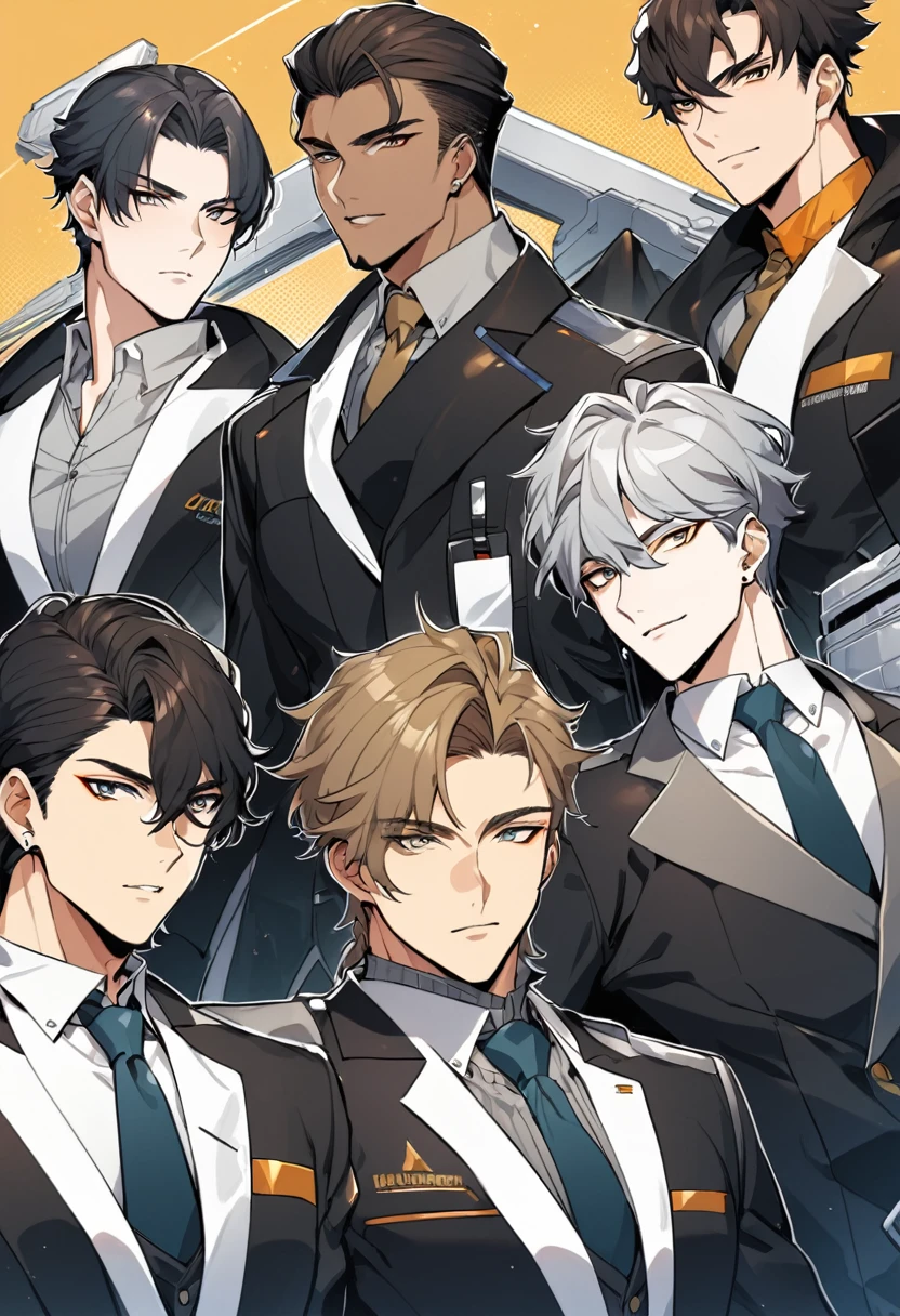 a group of 5 handsome men, they are agent members, they pose cool in their agent uniforms. Manhwa style.