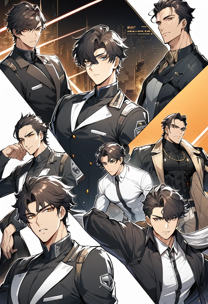 a group of 5 handsome men, they are agent members, they pose cool in their agent uniforms. Manhwa style.