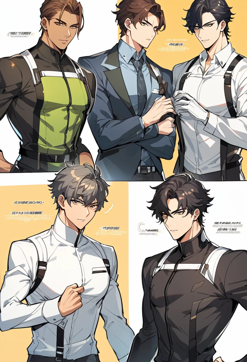 a group of 5 handsome men, they are agent members, they pose cool in their agent uniforms. Manhwa style.