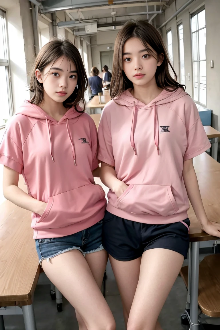 deux femmes ensemble de 18 ans sexy et mince , pink short sleeve hoodie , jambe visible , se touche,salle de classe,position sensuel