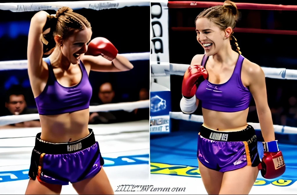 Emma Watson, kickboxing ,lilac tank-top, thong, boxing gloves, braided pigtails, laughing,