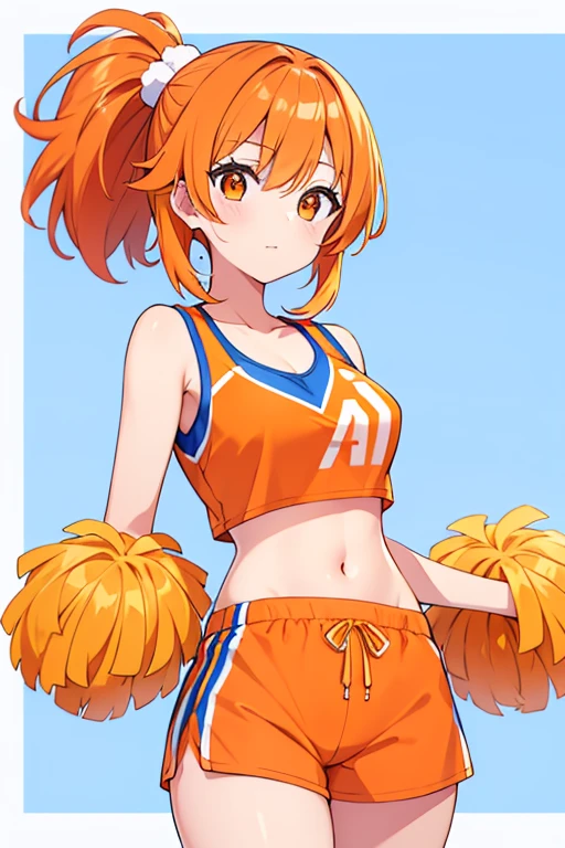 A beautiful woman with straight orange hair who is dressed in an orange cheerleading outfit consisting of an orange top with blue stripes and orange shorts with blue stripes and some orange pompoms