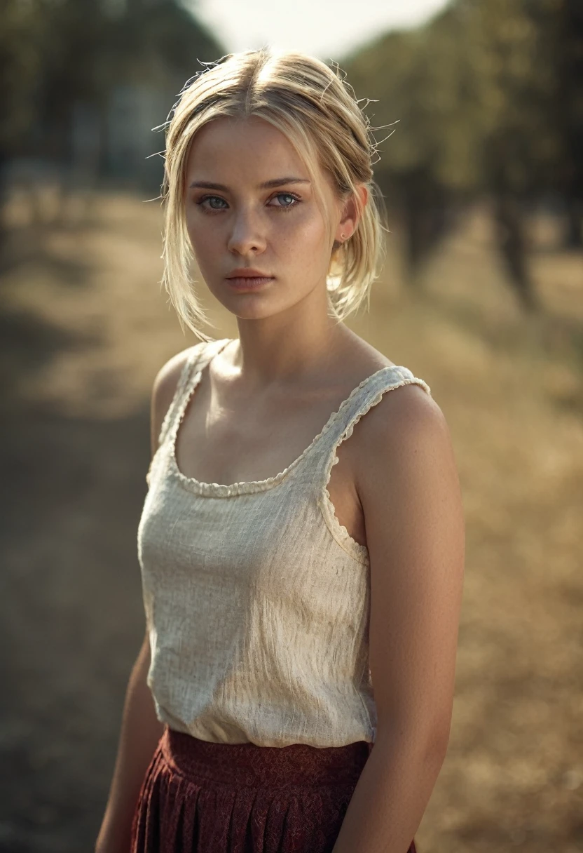 cinematic film still 21year old girl,standing alone,(pale skin:1.3),blond bun hair,pelo largo,dusty background,Sunnyday,fundo ao ar livre,looking shyly at the viewer,pigtails,Ultra-HD Details,true to life,HDR IMAGE,high resolution details,soft eyes,skin natural,high detailed face,very detailed fabric,film photography,ancestor,cinematic lighting,realisitic,sharp focus,(very detailled),((high quality 4k)),depth of field,f/1.2,leica,8kDR,hight contrast,darkness,bokeh,(textura de pele detalhada e realisitic),(detailed clothing),(Detailed history),skin detailed,(highly skin detailed),(8kDR photo),Realista texture,realisitic darkness,accurate to life,living image,lifelike,Ultra-HD Details,vivid contrast,bright coloured,White tank top,full body shot photograph,full - length portrait,full body visible,From a distance,. shallow depth of field,vignette,very detailled,high budget,bokeh,cinemascope,temperamental,epic,marvelous,film grain,grainy