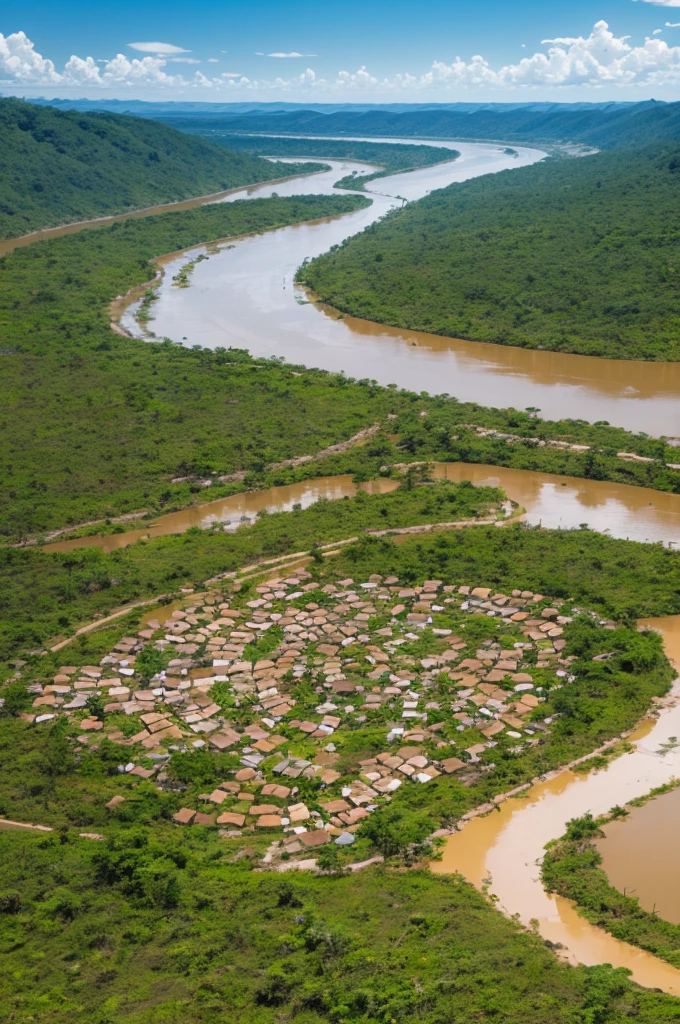 Create an image of an indigenous village that lives above an almost dry river in the Amazon 