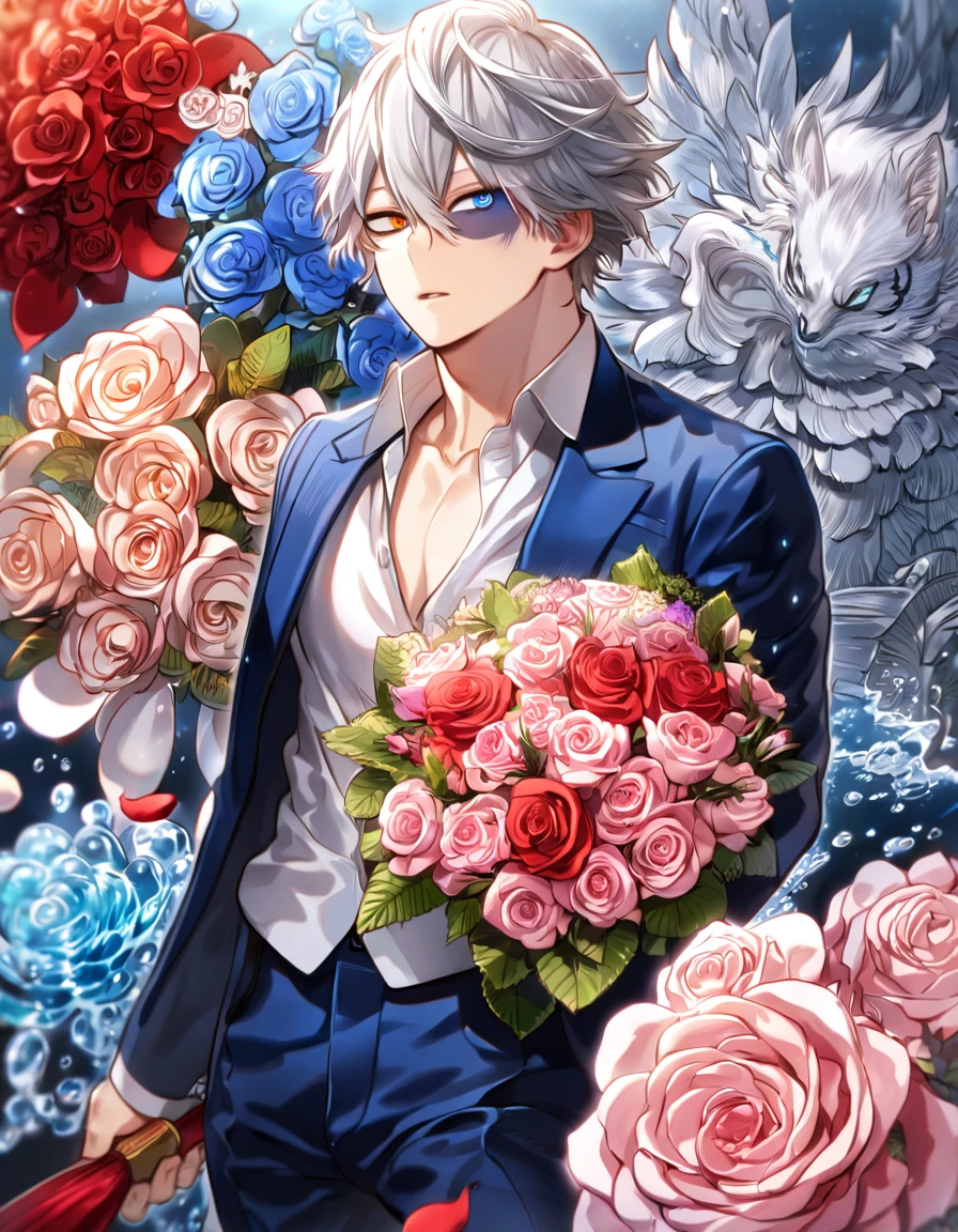 ultra detailed, high resolution, absurdities, HDR, Masterpiece, todoroki, bicolor fur, the right side is white, the left side is red, heterochromia, the right eye is gray, The left eye is blue, Boku no hero academia, rose petals, water, pink flowers, elegant, sexy man, Alone, Best Quality, flores, bright blue fireflies, blue clothes, ice and Fire, magical, He is giving you a bouquet of red roses