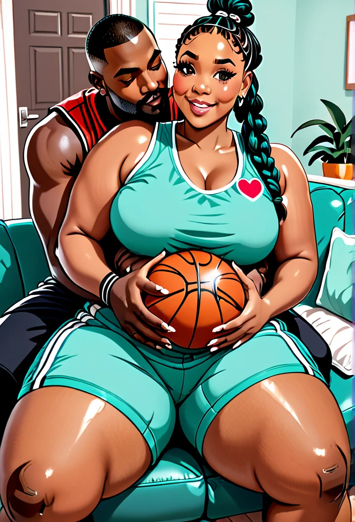 Brown skin squishy belly bbw thighs wife, dark skinned husband in basketball shorts. Heart eyes. Sitting on his lap. French braids
Turquoise outfits