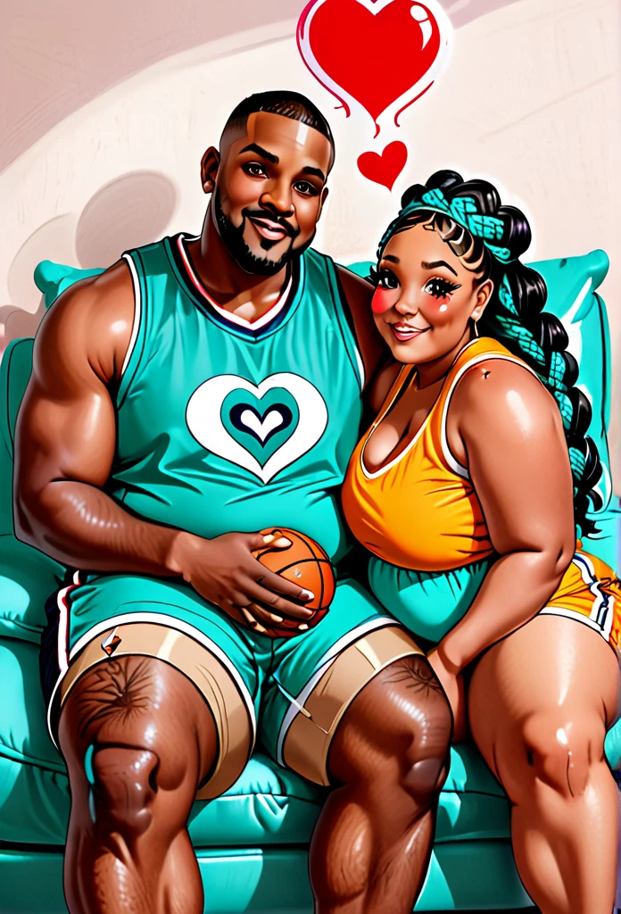 Brown skin squishy belly bbw thighs wife, dark skinned husband in basketball shorts. Heart eyes. Sitting on his lap. French braids
Turquoise outfits