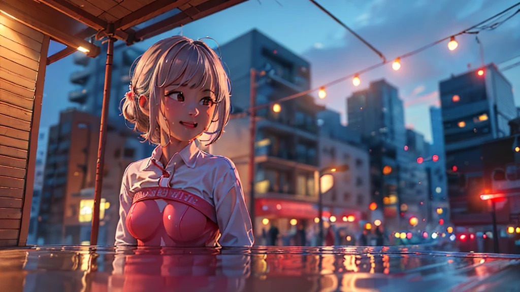 (8K, Highest quality, masterpiece:1.2), (Realistic, photo-Realistic:1.37), Super detailed,((( 1 Girl))),alone,Beautifully detailed skies,Detailed Cafe,night,Sitting,Date,(Red nose),(smile:1.15),(Mouth closed) Small breasts,Beautiful attention to detail,(shirt:1.1), night, Wet, rain,White lace, (short hair:1.2),Floating Hair NovaFrogStyle, ((whole body)),stand, sexy, cute