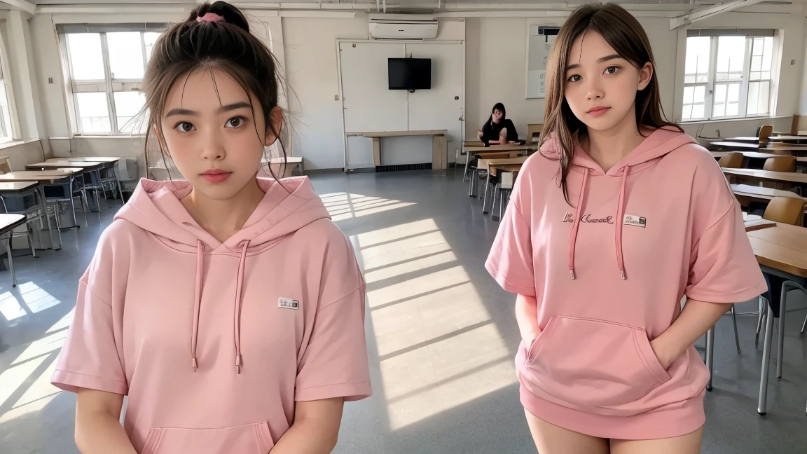 deux femmes ensemble de 18 ans sexy et mince , pink short sleeve hoodie , jambe visible , se touche,salle de classe,position sensuel