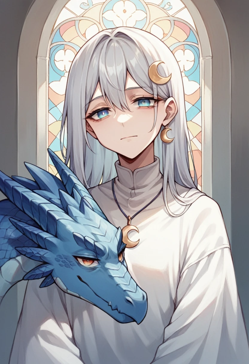 Silver haired anime human woman, tired face, gentle smile, blue dragon-like eyes with scales around eyes, thin pupils, white church robe, crescent moon shaped pendant,