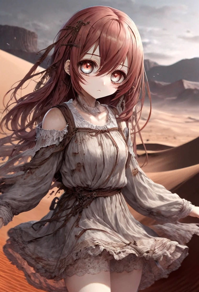 gentle beautiful girl, age 19, messy red hair, brown and gray heterochromia, ((tattered desert dress)), anatomically correct body, 8 life size, hourglass body, little smile, intimate, open minded, anime girl, face Clean detailed, intricated clothing, similar colors, nice gradients, depth of field, clean images, high quality, high detail, high definition, Luminous Studio graphics engine, faces, cute,