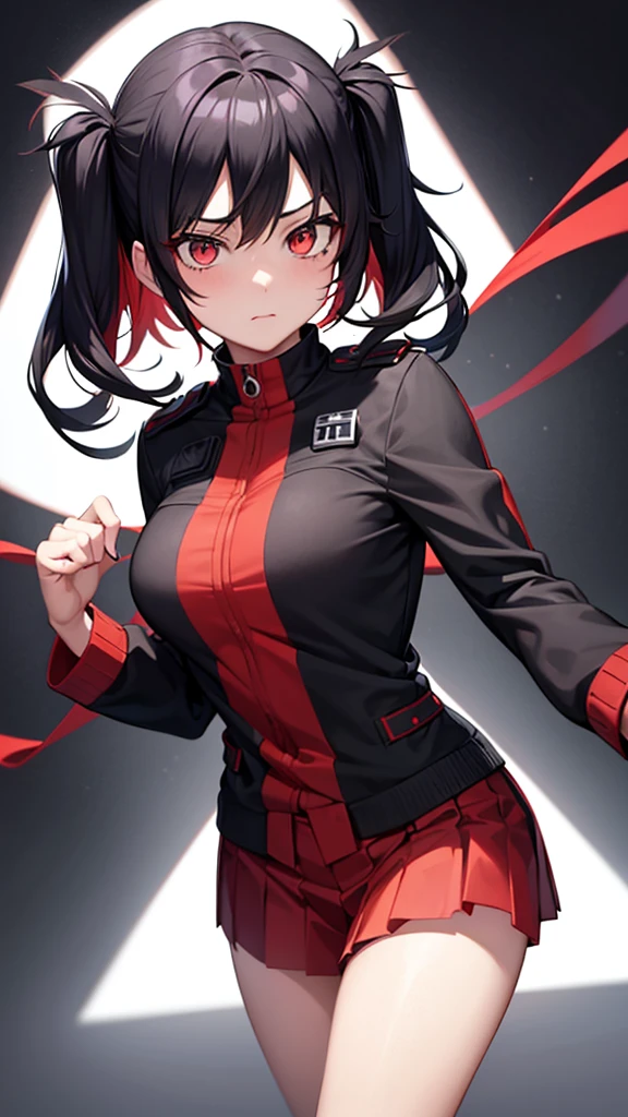16 year old girl from Boku no hero Academia with black and red hair, with black and white eyes on an anime hero mission