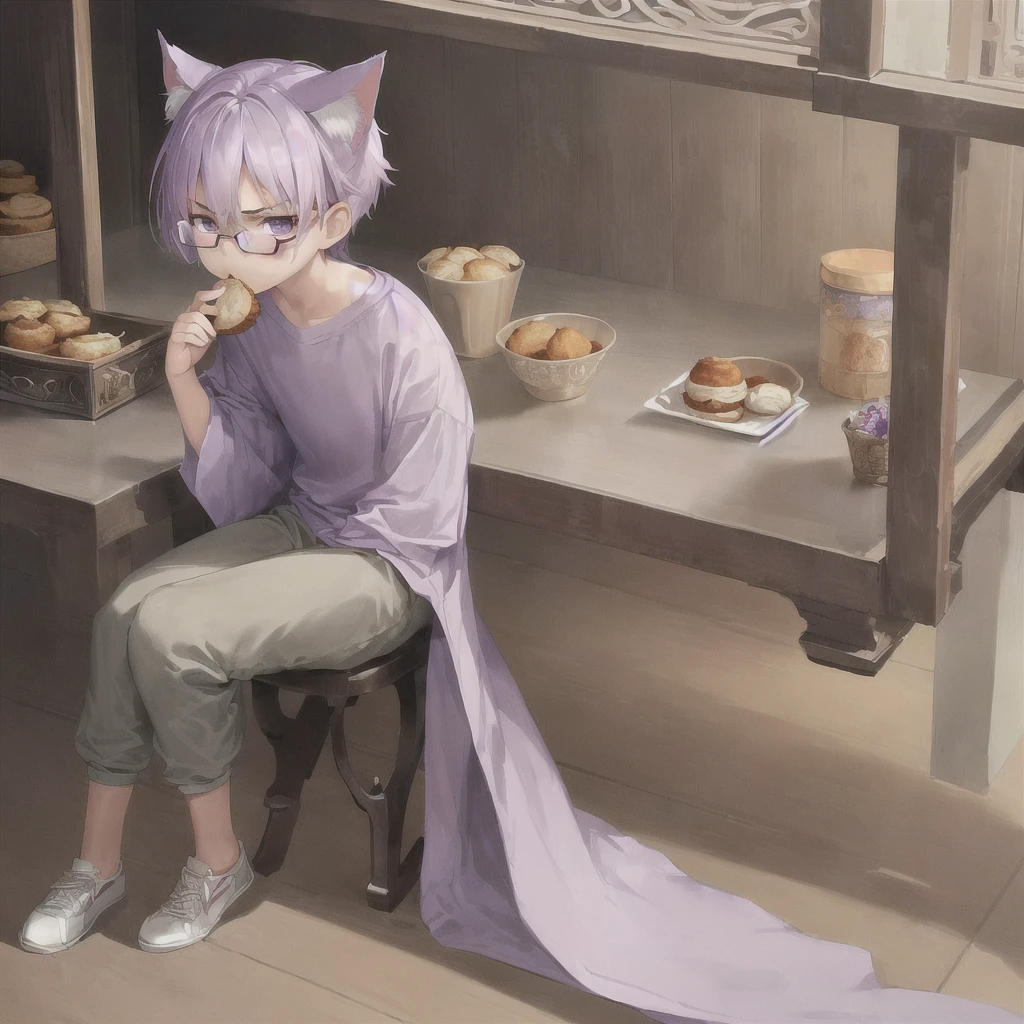 ((masterpiece)), (best quality), (ultra-detailed), photorealistic, (best illustration), ((an extremely delicate and beautiful)), 1boy, solo, medium hair, lilac cat ears, lilac hair, [:lilac cat tail under:0.2], full body, very young, Cute, angry, eating muffin, territorial, hiding food from viewer, purple eyes, shortstack, , Crumbs on cheeks, glasses, serious face, boyish face, young boy, shirt and pants, oversize clothes, lazy. 