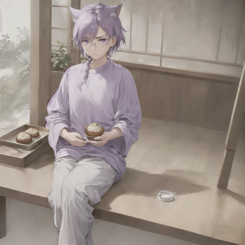 ((masterpiece)), (best quality), (ultra-detailed), photorealistic, (best illustration), ((an extremely delicate and beautiful)), 1boy, solo, medium hair, lilac cat ears, lilac hair, [:lilac cat tail under:0.2], full body, very young, Cute, angry, eating muffin, territorial, hiding food from viewer, purple eyes, shortstack, , Crumbs on cheeks, glasses, serious face, boyish face, young boy, shirt and pants, oversize clothes, lazy. 