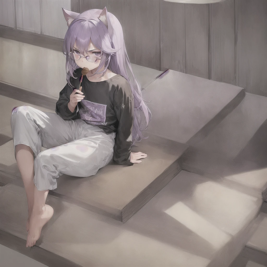((masterpiece)), (best quality), (ultra-detailed), photorealistic, (best illustration), ((an extremely delicate and beautiful)), 1boy, solo, medium hair, lilac cat ears, lilac hair, [:lilac cat tail under:0.2], full body, very young, Cute, angry, eating muffin, territorial, hiding food from viewer, purple eyes, shortstack, ???, Crumbs on cheeks, glasses, serious face, boyish face, young boy, shirt and pants, oversize clothes, lazy. 