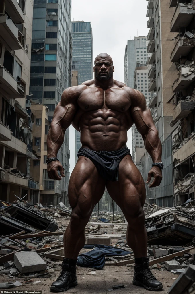 a muscular and imposing figure. He is in the center of a destroyed urban landscape, with small figures in the background that appear to be people, suggesting scale and adding a dramatic effect.
The character's muscles are extremely large, standing out unrealistically to emphasize strength and power. The facial expression maintains some classic Winnie the Pooh characteristics, but with a more aggressive and serious tone. There's debris flying around, indicating recent destruction or ongoing action