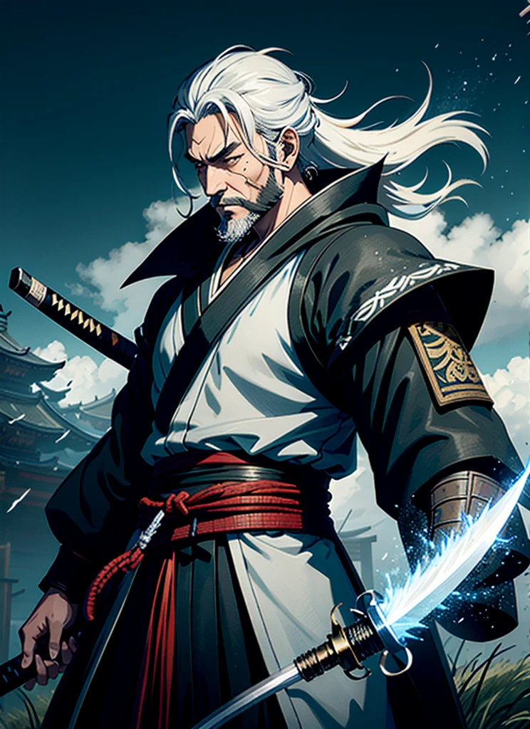 Isshin, the Sword Saint is a legendary warrior and the founder of the Ashina Clan. He is an old man with white hair and beard, wearing a blue kimono with black patterns and a white cloak. He carries a katana and a spear. He also has a gun hidden in his sleeve.

He awaits Sekiro in the great grass field where he first fought Genichiro Ashina, his grandson. The field is covered with blood and corpses of soldiers who died in the battle. The sky is dark and stormy, and lightning flashes occasionally. Isshin emerges from Genichiro’s body after he sacrifices himself to revive him using the Black Mortal Blade. He respects Sekiro as a worthy opponent and challenges him to a final duel for the fate of Ashina.
moon, dark theme, light, fantasy,
