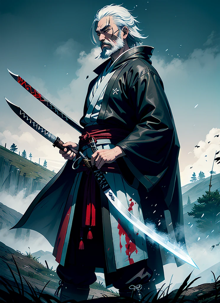 Isshin, the Sword Saint is a legendary warrior and the founder of the Ashina Clan. He is an old man with white hair and beard, wearing a blue kimono with black patterns and a white cloak. He carries a katana and a spear. He also has a gun hidden in his sleeve.
He awaits Sekiro in the great grass field where he first fought Genichiro Ashina, his grandson. The field is covered with blood and corpses of soldiers who died in the battle. The sky is dark and stormy, and lightning flashes occasionally. Isshin emerges from Genichiro’s body after he sacrifices himself to revive him using the Black Mortal Blade. He respects Sekiro as a worthy opponent and challenges him to a final duel for the fate of Ashina.
moon, dark theme, light, fantasy,