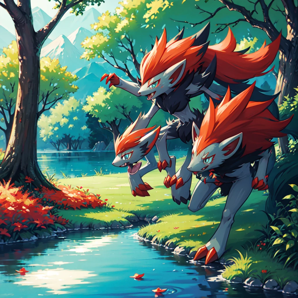 zoroark, pokemon (creature),forest, lake,