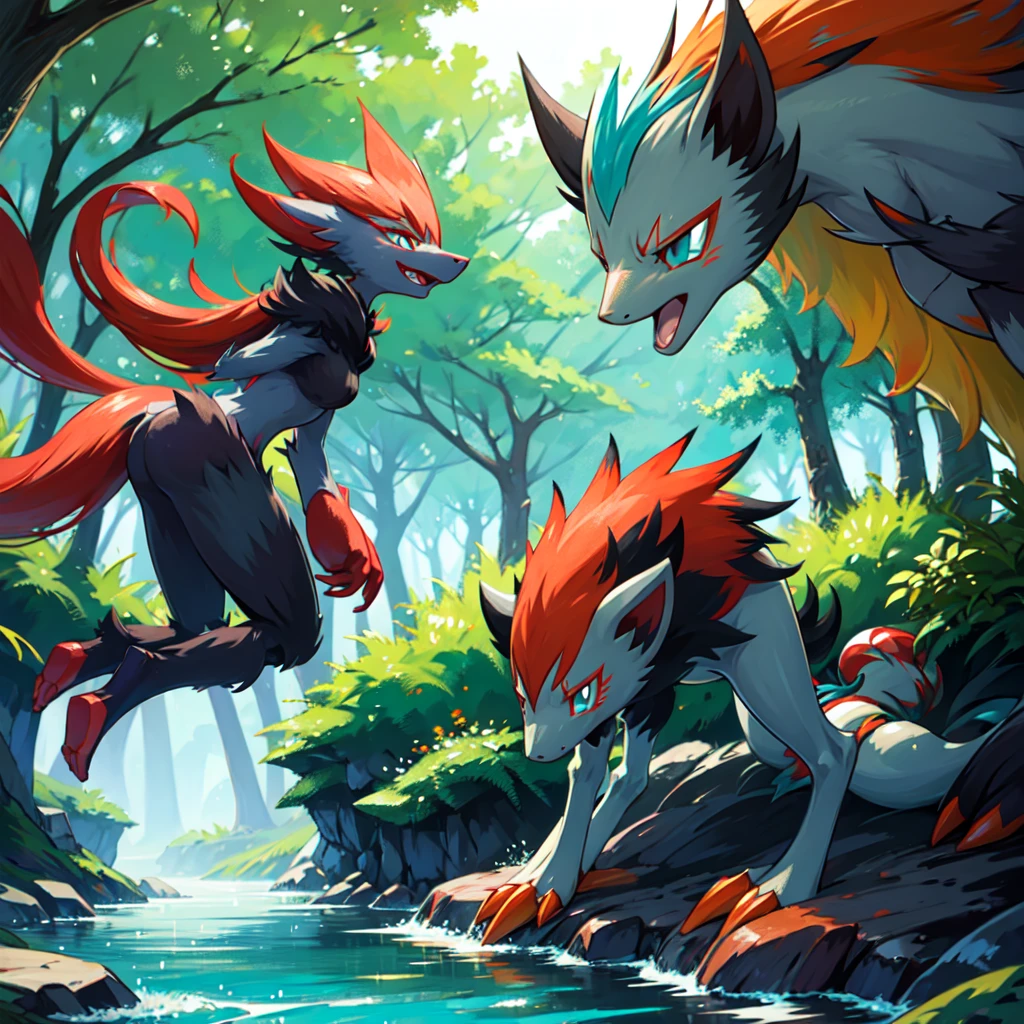 zoroark, pokemon (creature),forest, lake,