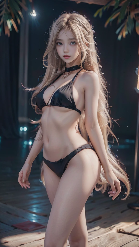 full hd 8k, Girl standing in front of a dark night scene, full moonlight reflecting on her beautiful face. Her long, silky hair was gently blown by the night wind, creating a gentle and romantic feeling. She is walking on a large beach. She looked up at the starry sky, as if searching for something, her eyes showing a pensive and look. The full moon shines in the night sky creating a beautiful scene. The girl has long, strands of hair, Light blonde hair, a luxurious and noble beauty. The moonlight shines on the girl's delicate face, highlighting her large, round light brown eyes, creating a natural, gentle beauty. She wore a little sexylyck bikini to create a sexy beauter plump breasts were exposed, revealing her plump and extremely sexy breasts. e images capture detailed panoramic portraits and views of the sky and sea. All create a beautiful, wonderful picture that makes people unable to take their eyes off the scene. All of these details are depicted clearly and sharply, creating sexyly poses,