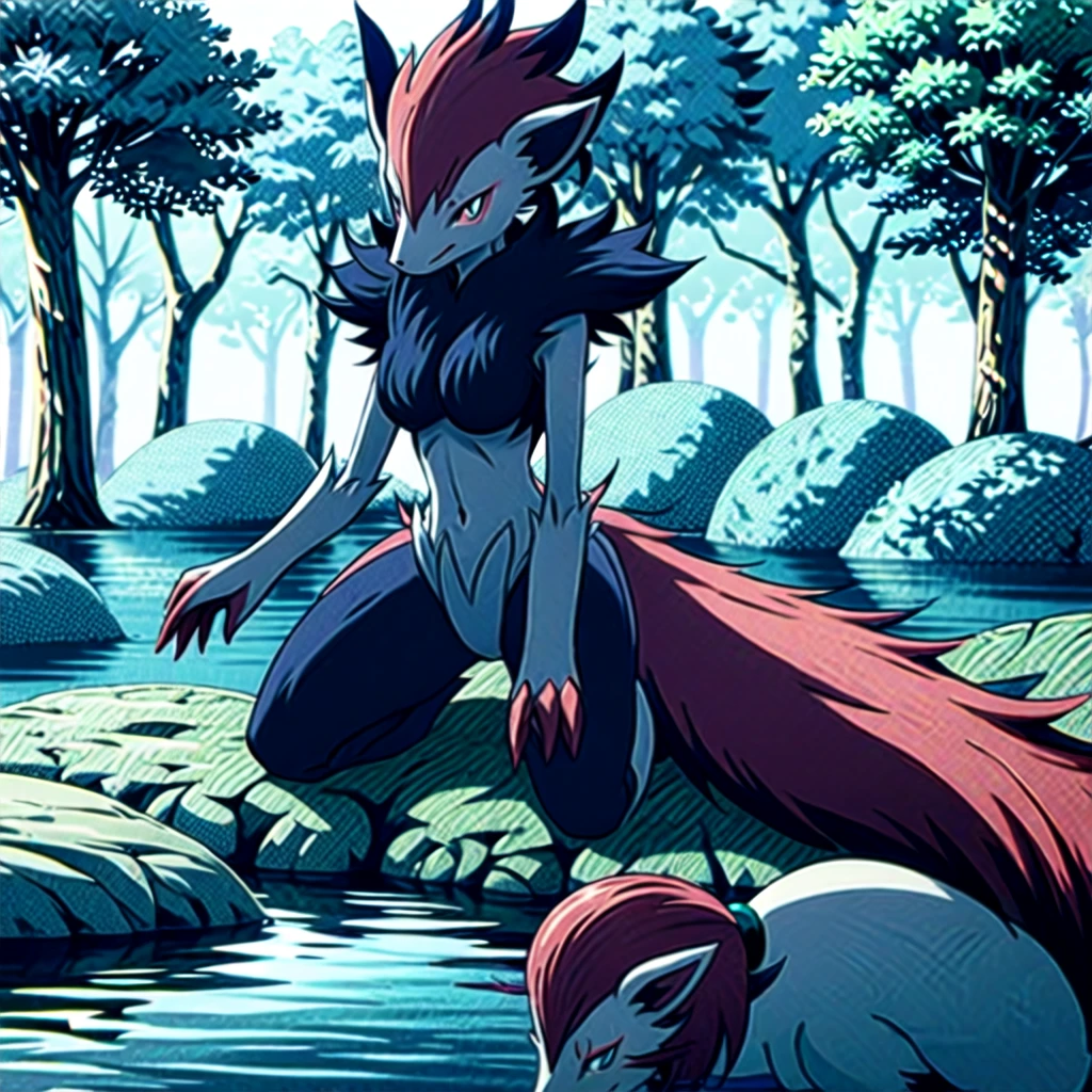 zoroark, pokemon (creature),forest, lake,