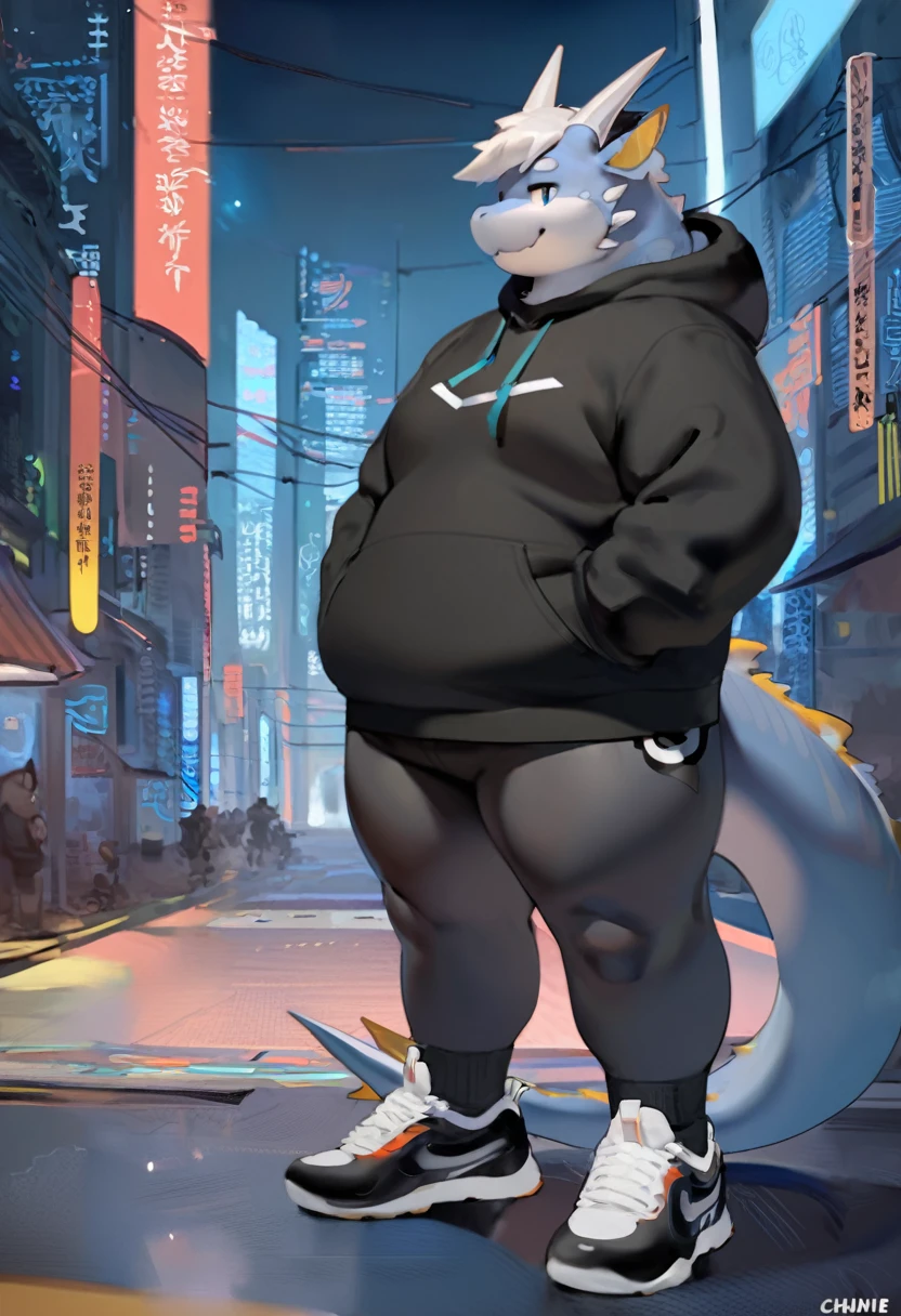 Dragon,male, cool dragon anime, chubby, plump, anthropomorphic, (wearing stylish black sweatshirt, sport shoes,headphone), full body view,cyberpunk, Tokyo cyber city, night, ultra 8k resolution, pixiv,unreal rendering, by quanjiang, by chunie, by @4u9DorzT57cOUI, masterpiece 