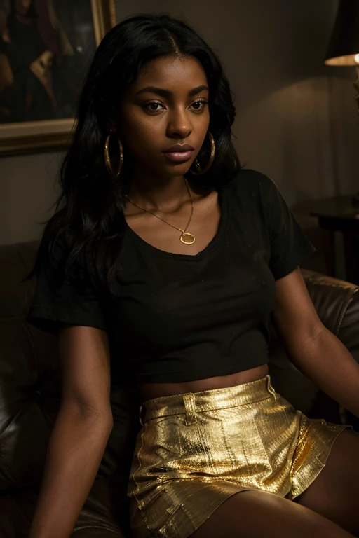 a moving and emotionally charged dark painting, in a very dark and poorly lit room, full of the warmth of romance, cozy envirnment, Small apartment, Bblack hair, Justine Skye sitting on an old sofa, Justine is looking at a very handsome man, very dark scene, very dark room, painted in the style of Joseph Mallord William Turner, chiaroscuro lighting, Justine has very dark olive skin, Justine has gold hoop earrings, Justine is wearing a tiny t-shirt and a gold nameplate necklace, She has fleshy lips
