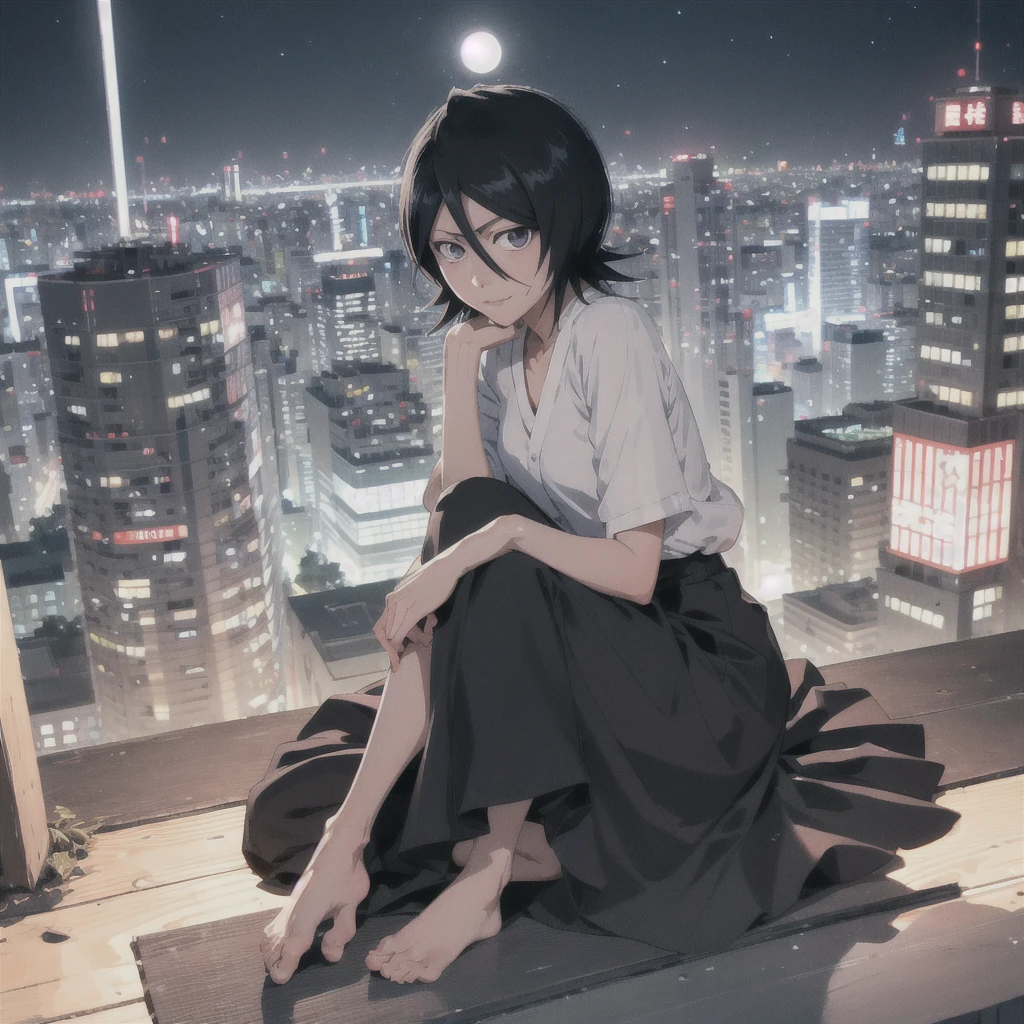 rukia from bleach full body protrat sitting on a hill watching over a tokyo at night turning here face to look at u wile smiling