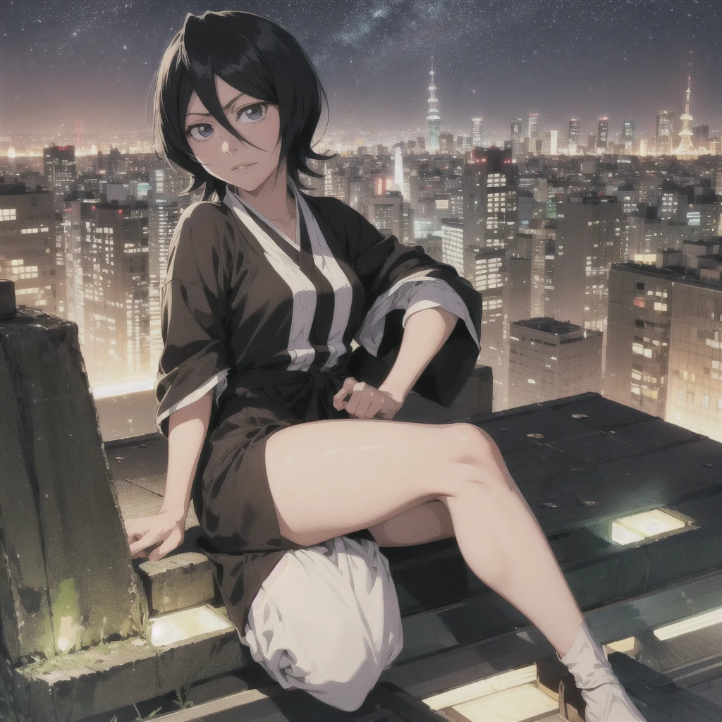 rukia from bleach full body protrat sitting on a hill watching over a tokyo at night turning here face to look at u wile smiling
