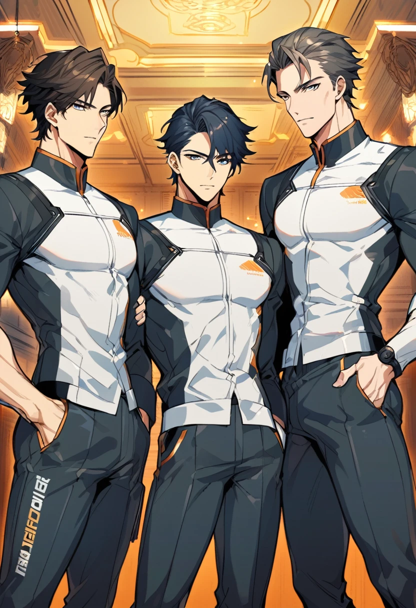 a group of 3 handsome men, they are agent members, they pose cool in their agent uniforms. Manhwa style.