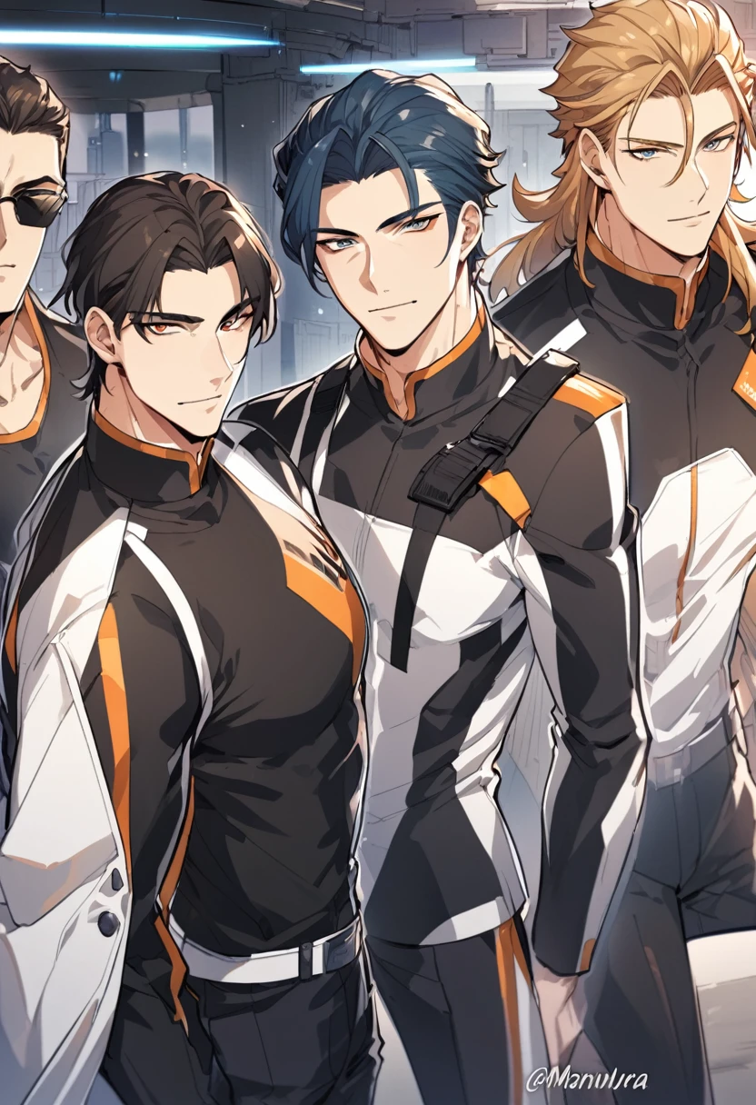 a group of 3 handsome men, they are agent members, they pose cool in their agent uniforms. Manhwa style.