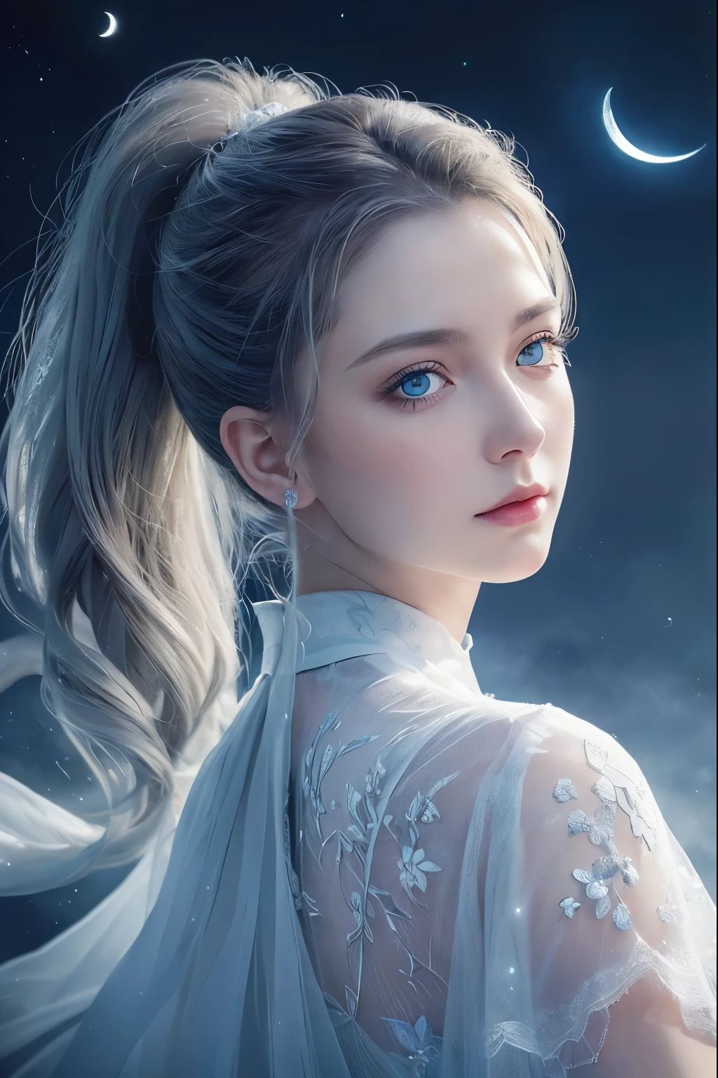 masterpiece, (Highest quality: 1.2), (Super quality: 1.2), figure, (Very delicate and beautiful: 1.2), Film Angle, floating, (Beautiful detailing: 1.1), (Detail Light: 1.1), Film Light, Delicate Sky, woman, Gray Hair, blue eyes, (High Ponytail: 1.1), Cape, Glowing Eyes, (moon: 1.2), (moonlight: 1.1), Starry Sky, (Particles of light: 1.1), fog , Snow Painting, sketch, flowering
