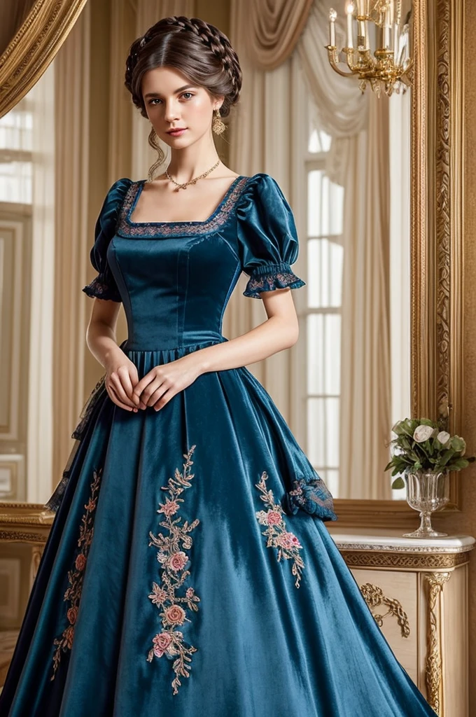 very beautiful, Slender woman, Russian, 25 years, long dress, high quality transparent fabrics, evening ball gown blue, closed sleeves, pleated, Flounced, puffs, velvet, embroidery, braid, artificial flowers, buttons, ruffles, apron-shaped folds, as well as various jewelry, a lot of fabric, Decoration Materials; Hair dark brown, pretty haircut; 19th century, "color photography"