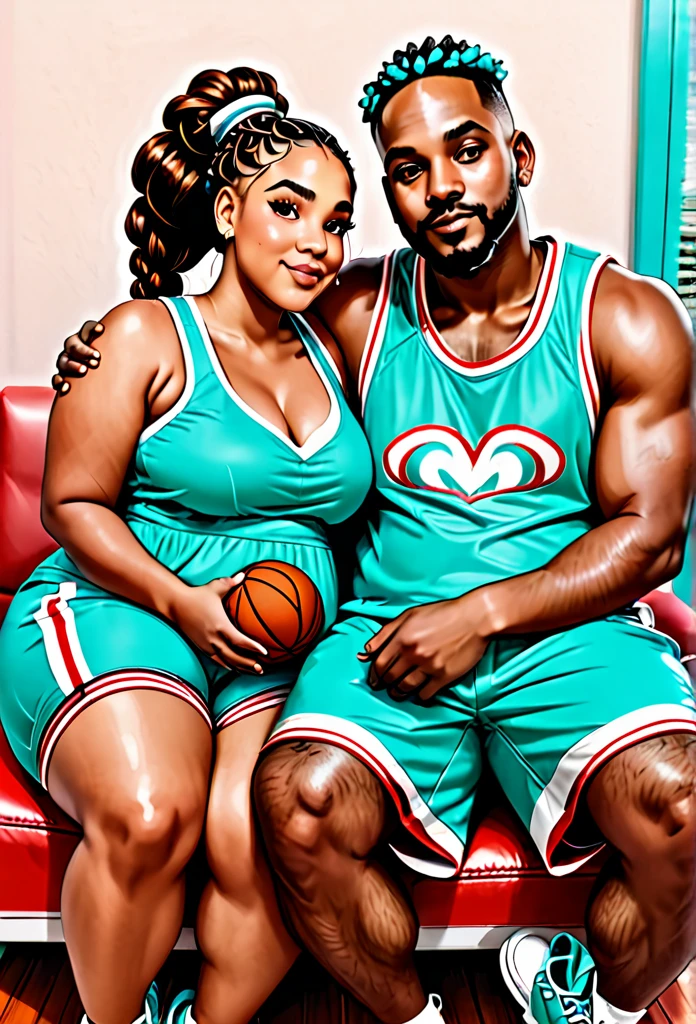 Brown skin squishy belly bbw thighs wife, dark skinned husband in basketball shorts. Heart eyes. Sitting on his lap. French braids
Turquoise outfits