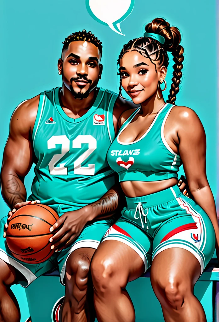 Brown skin squishy belly bbw thighs wife, dark skinned husband in basketball shorts. Heart eyes. Sitting on his lap. French braids
Turquoise outfits