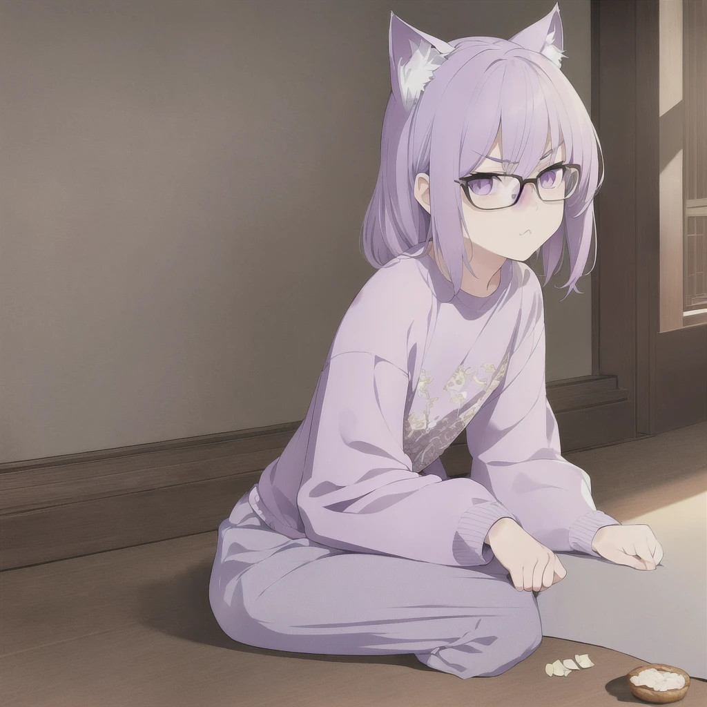 ((masterpiece)), (best quality), (ultra-detailed), photorealistic, (best illustration), ((an extremely delicate and beautiful)), 1boy, solo, medium hair, lilac cat ears, lilac hair, [:lilac cat tail under:0.2], full body, very young, Cute, angry, eating muffin, territorial, hiding food from viewer, purple eyes, shortstack, kid, Crumbs on cheeks, glasses, serious face, boyish face, young boy, shirt and pants, oversize clothes, lazy. 