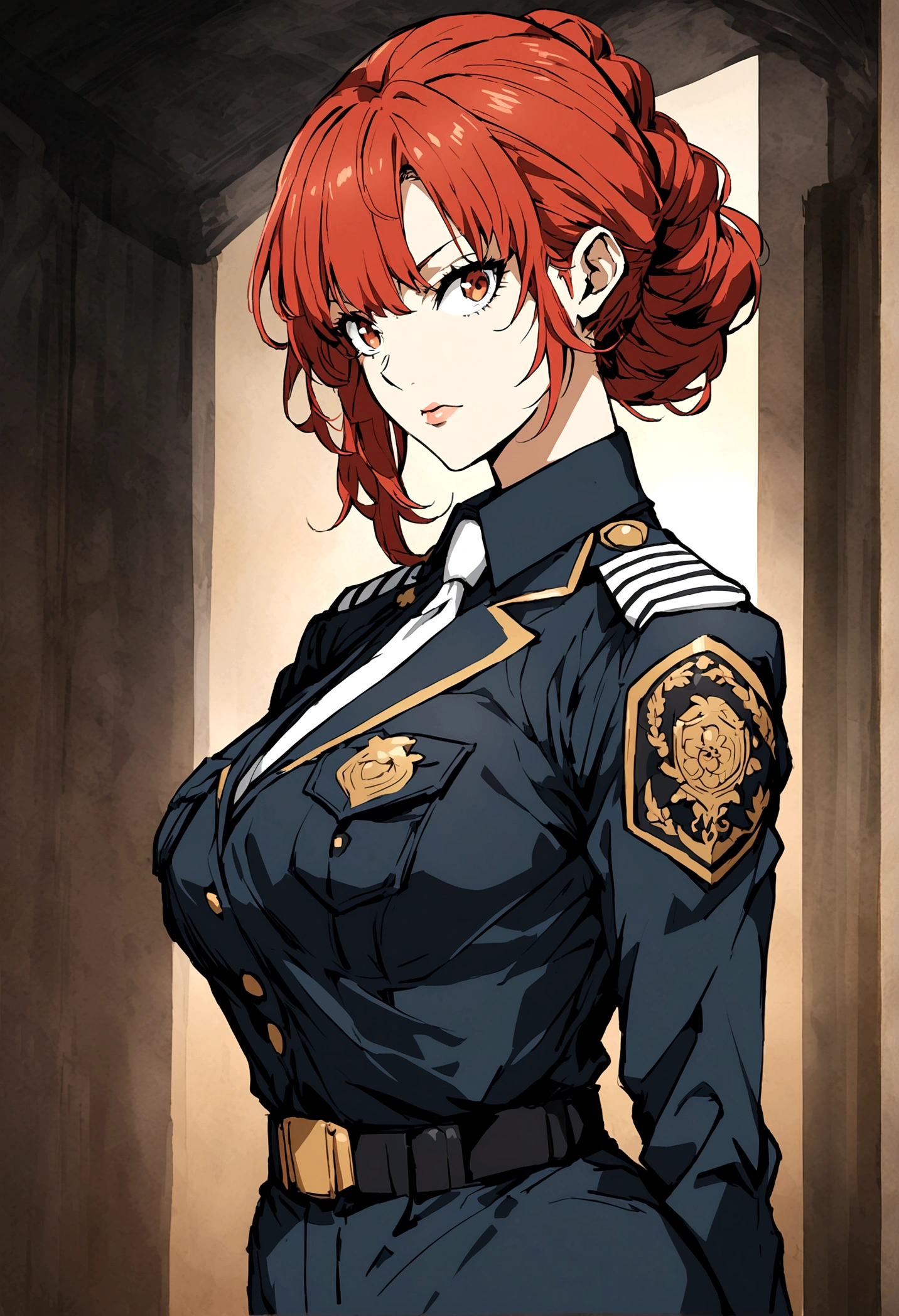 Create an anime style image of a redheaded white female police officer