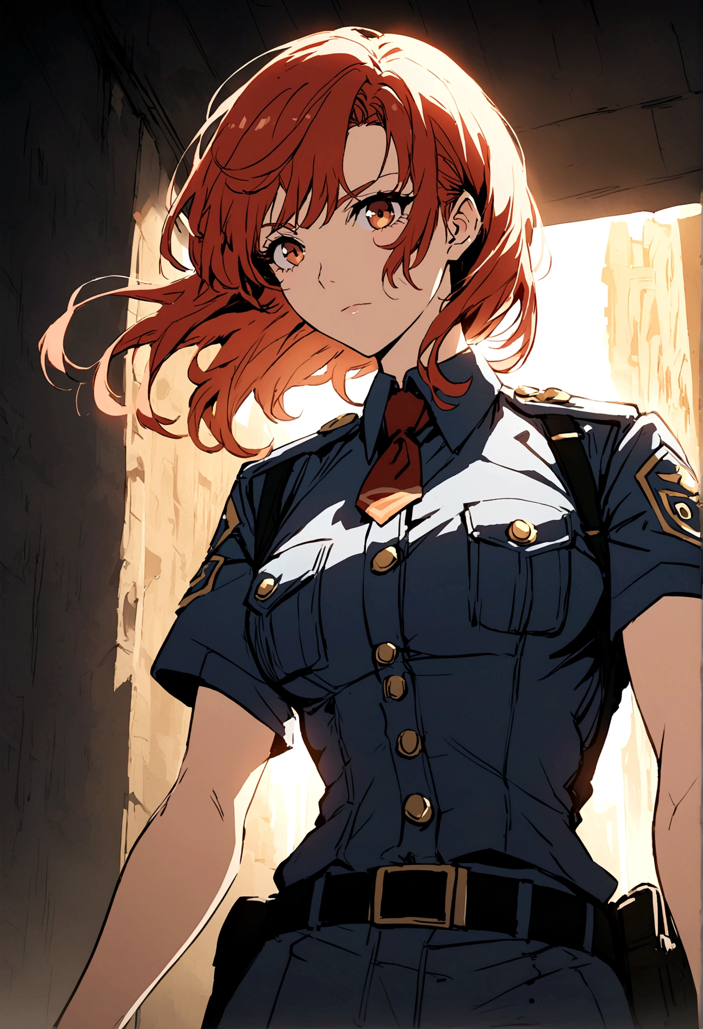 Create an anime style image of a redheaded white female police officer